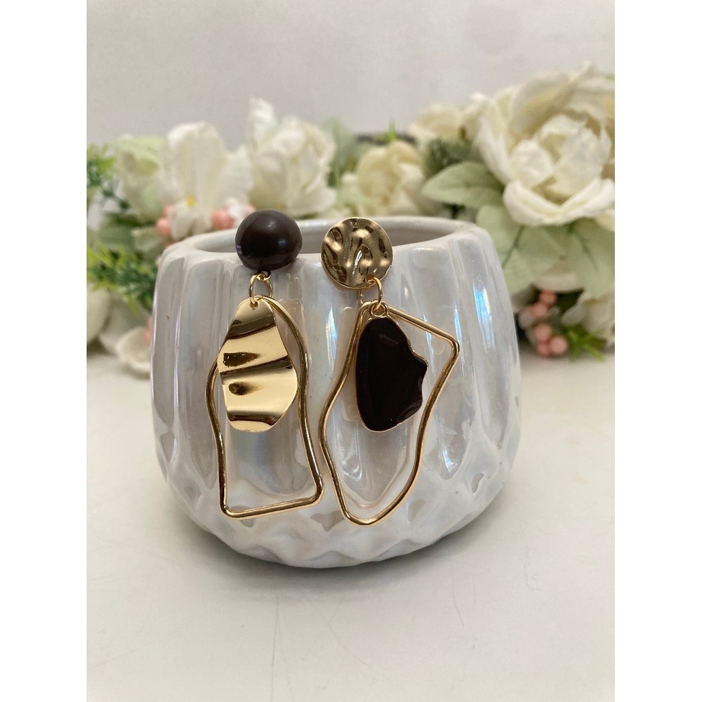 Gold Abstract Geometric Statement Drop Earrings Boho Asymmetrical Artsy - Picture 5 of 15